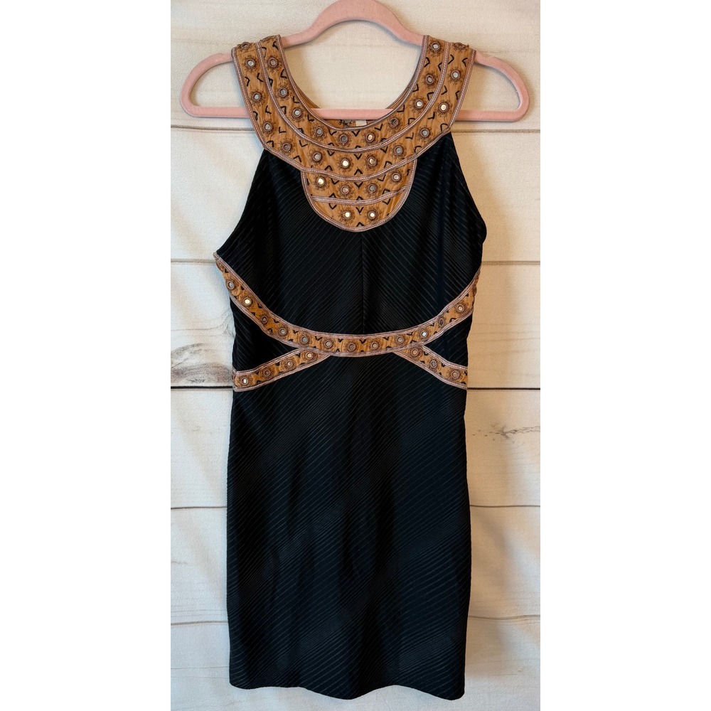 Free People Black Ribbed Mirror Embroidered Boho Mini Dress Small SP
